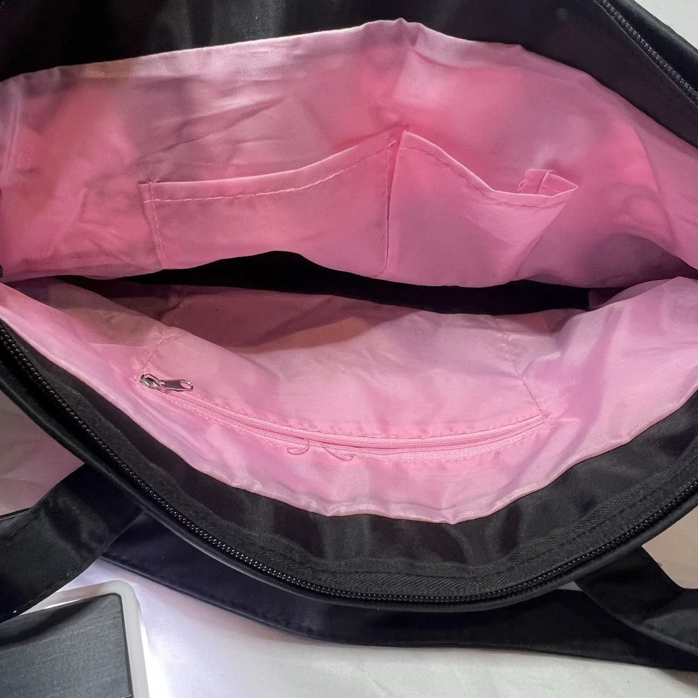 Girls Black Pink Dance Bag Hearts Nylon With‎ Pink Interior And Zipper Pouch